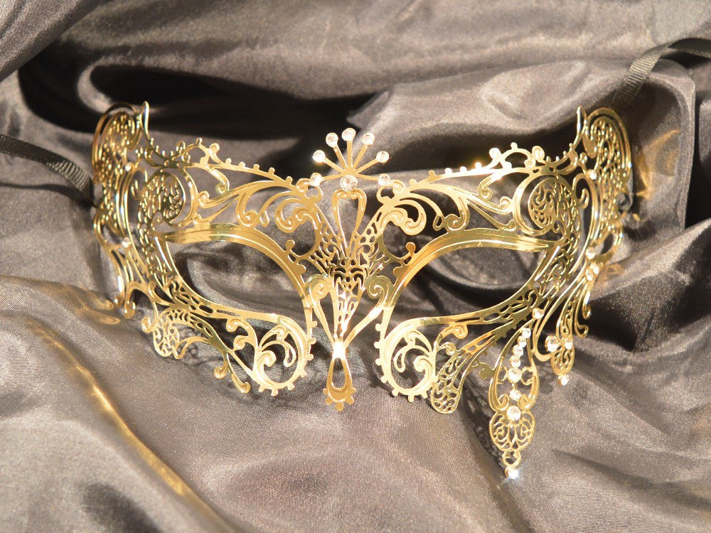 Masque vénitien Bianca rigide doré avec strass
