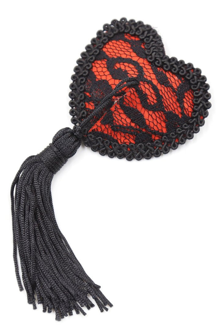 Paire de cache tétons adhésifs en forme de cœur avec dentelle noire et pompom