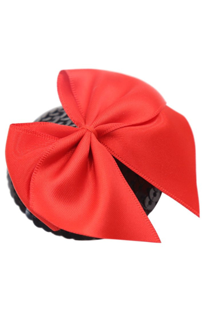 Paire de cache tétons adhésifs noir avec nœud papillon rouge