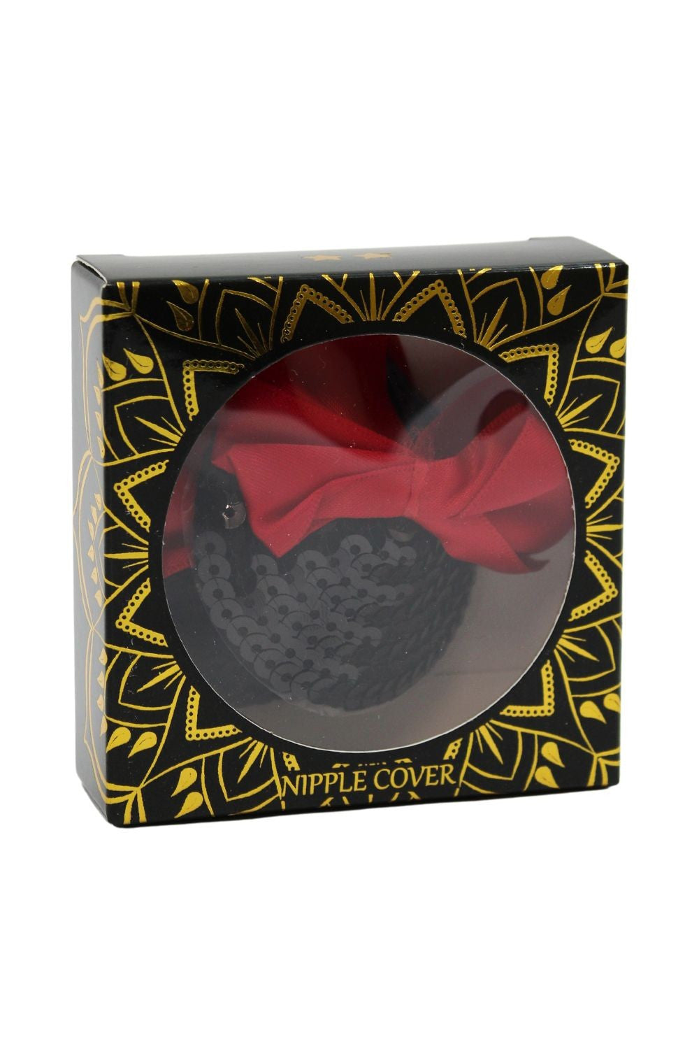 Paire de cache tétons adhésifs noir avec nœud papillon rouge