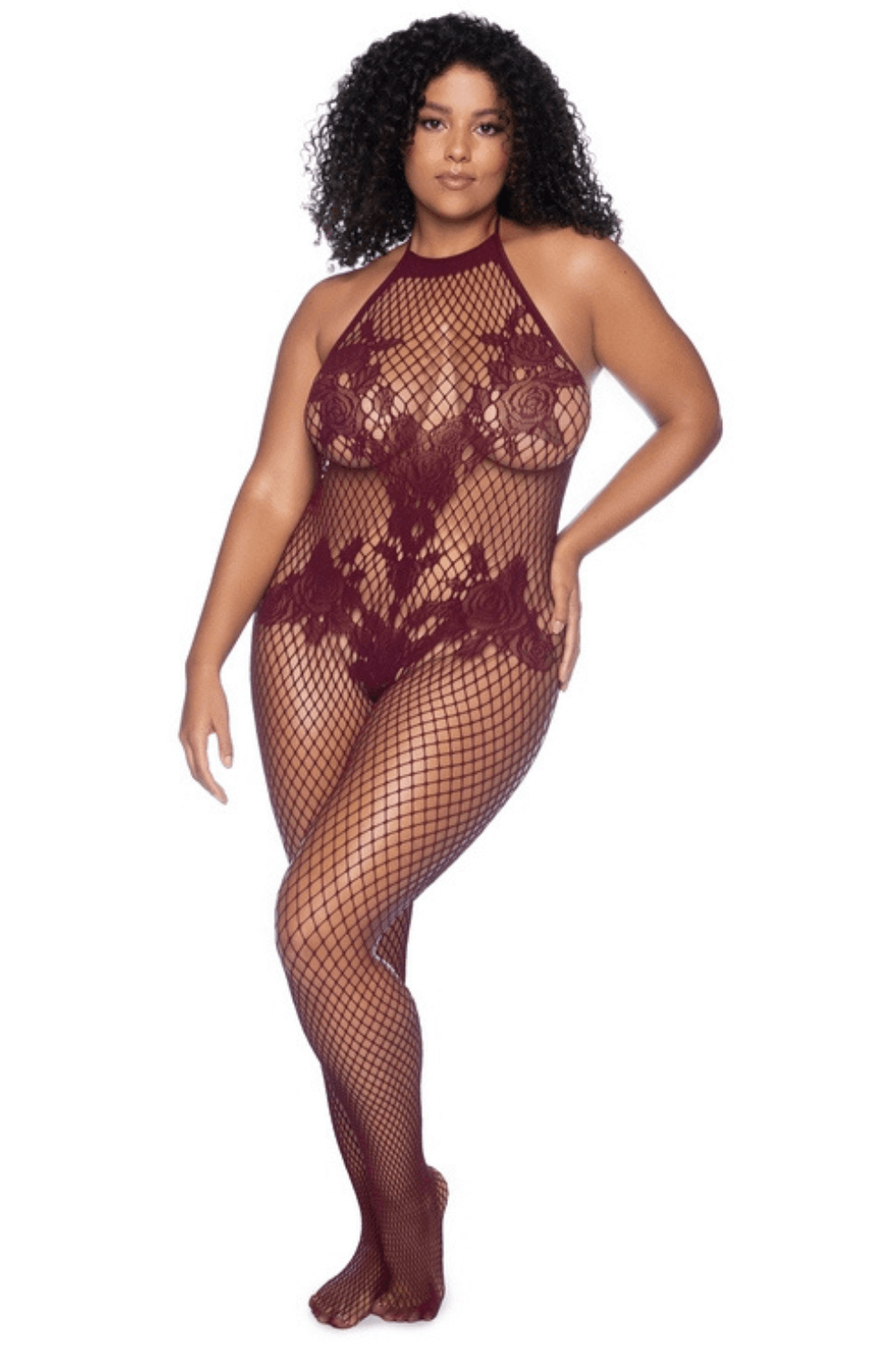 Combinaison grande taille en résille couleur cerise