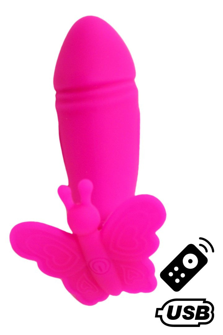 BUTTERFLY, Mini Vibromasseur avec stimulateur clitoridien Papillon rose USB, avec télécommande