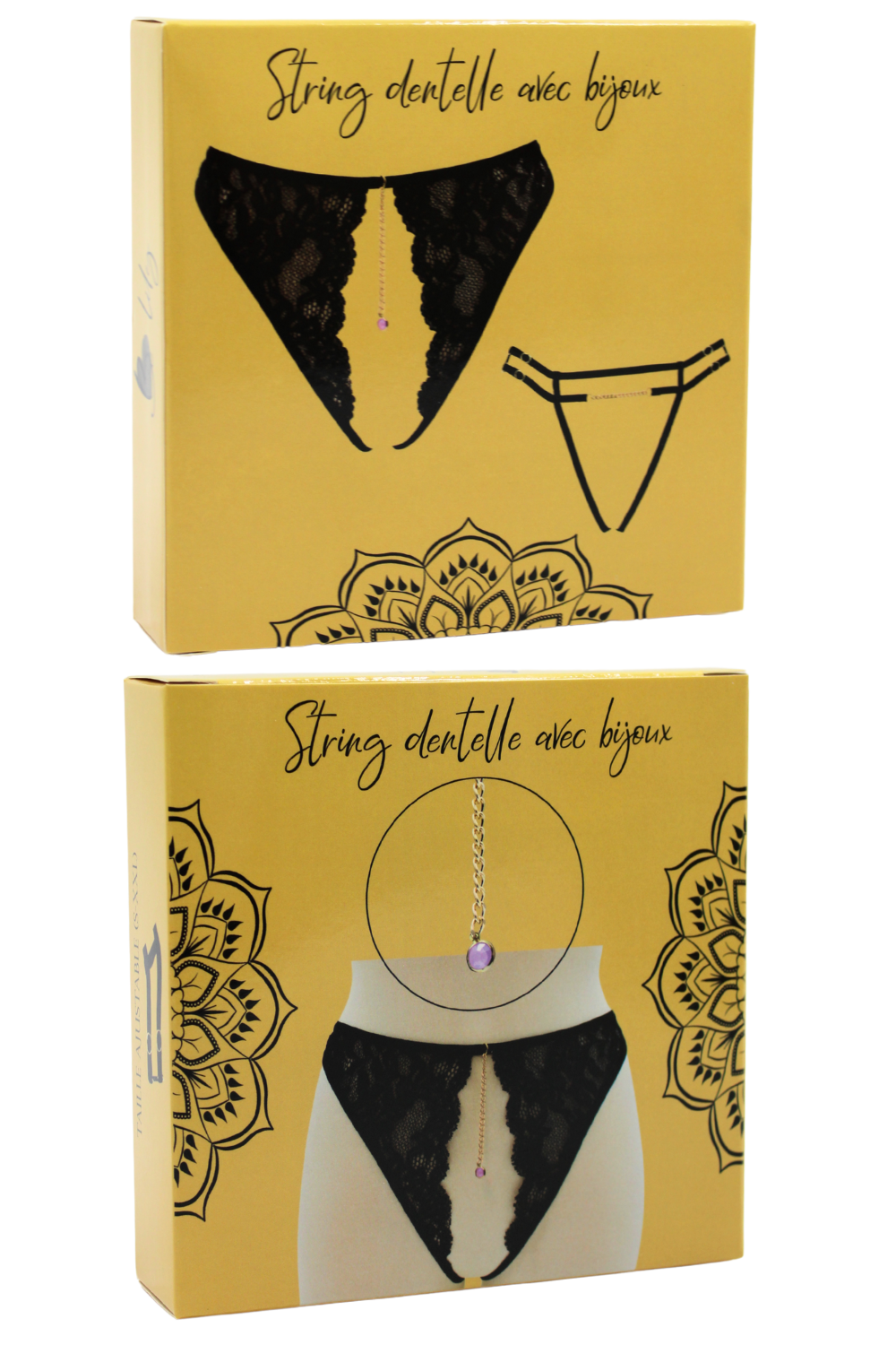 String avec bijou couleur aléatoire et chaîne dorée