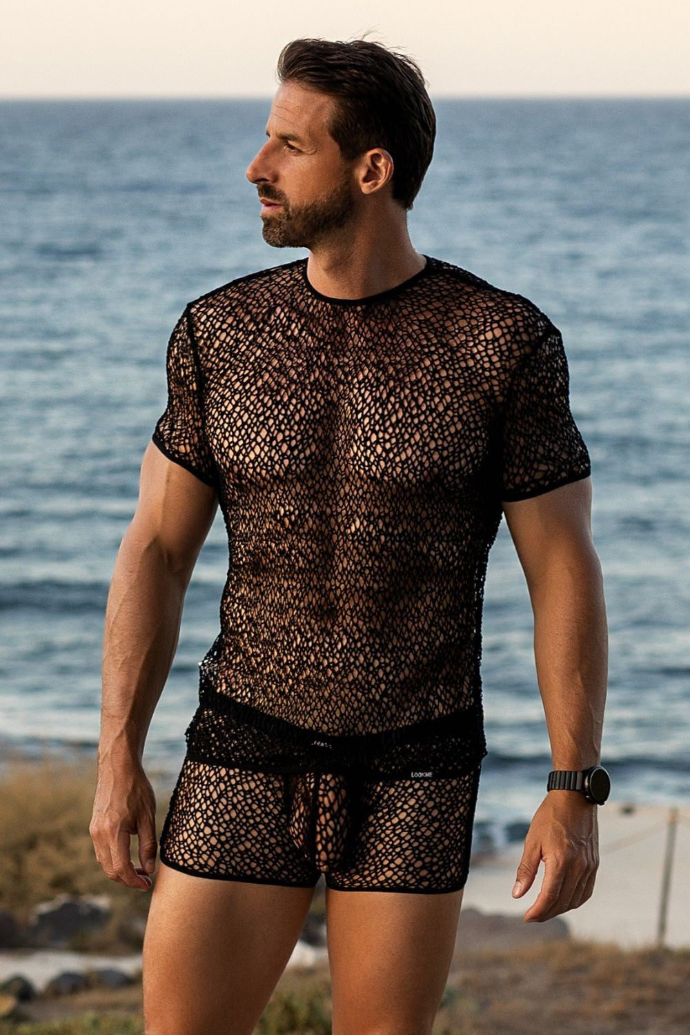 T-shirt noir sexy filet irrégulier fétichiste