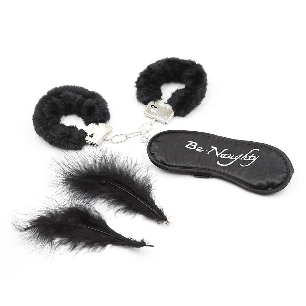 Kit coquin 4 pièces : Menottes, 1 plume et masque