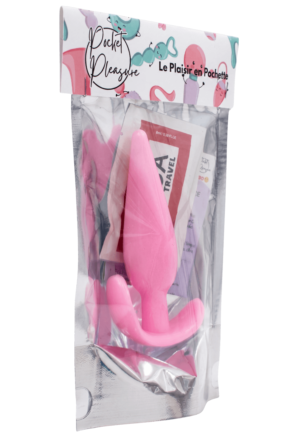 Plug anal rose souple base évasée Pocket Pleasure 1 dosette lubrifiant